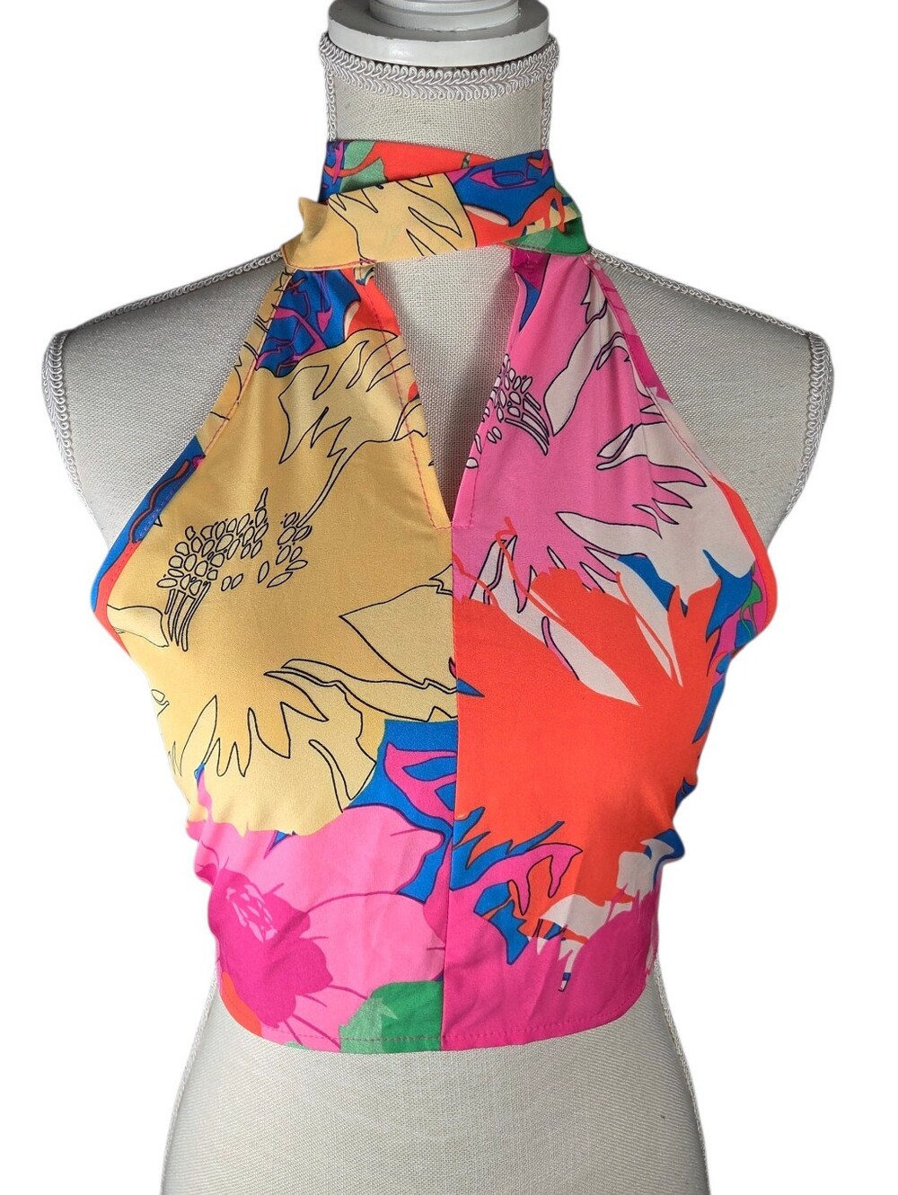 🔥4/$20 Retro Crop Halter Top With Neckband Choker Ties -Small -Pink/Yellow